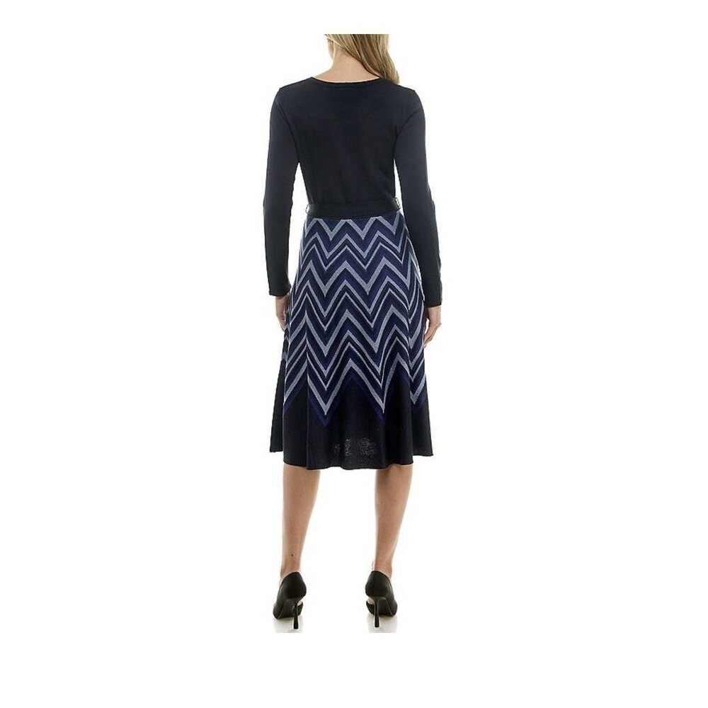 Taylor Blue Feminine Belted Knit Midi Sweater Dress Size Large - Picture 4 of 16